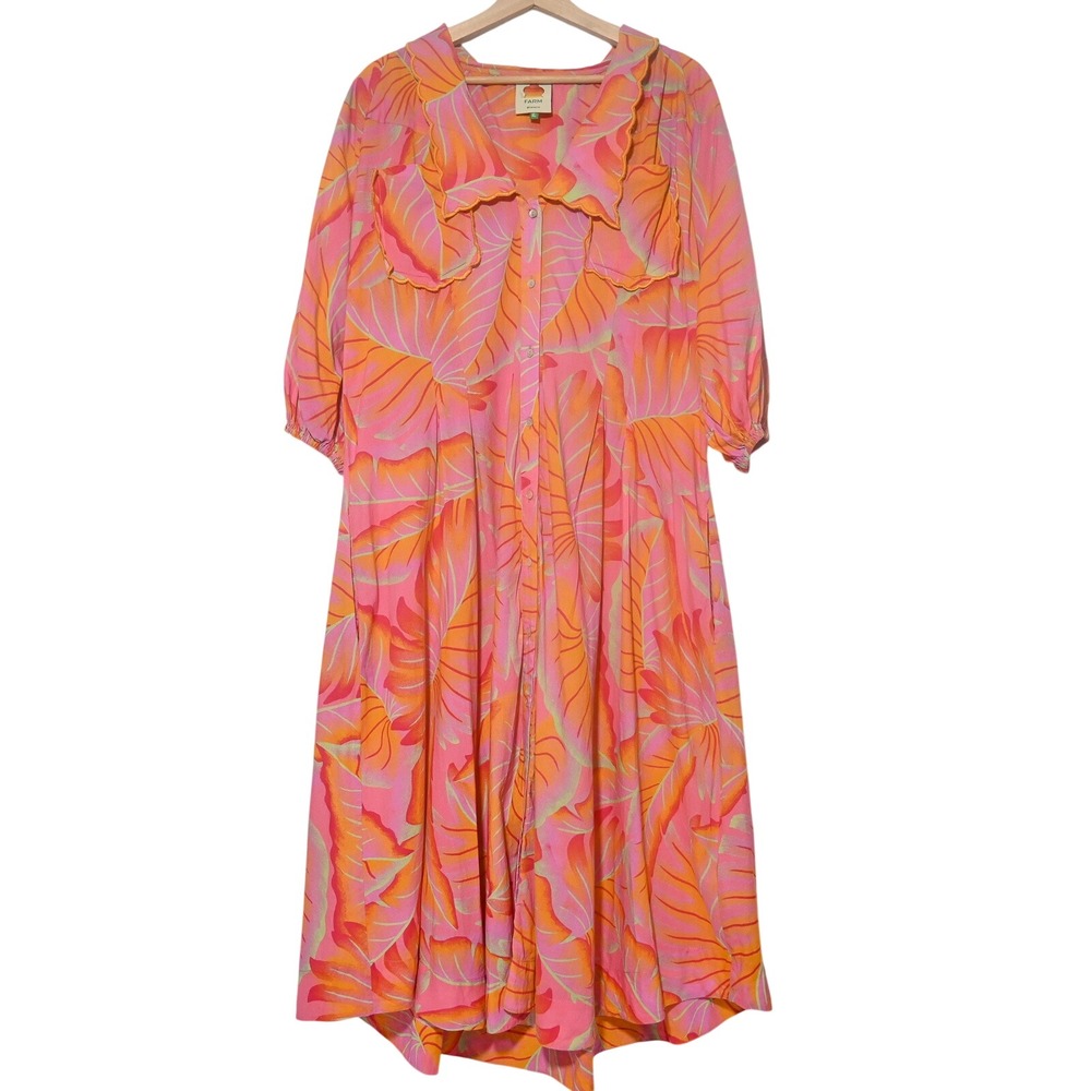 FARM Rio Midi Dress Womens Tropical Leaf Button Front XL Pink Orange India